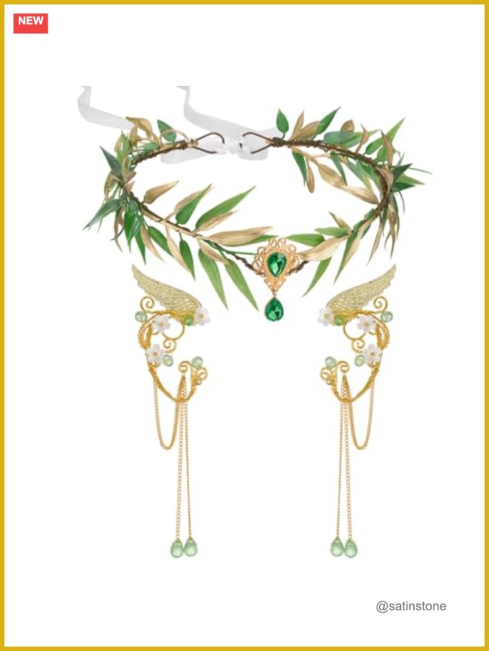 Handmade Crystal Metal Fairy Elf Headband Set with Ear Cuffs for Cosplay